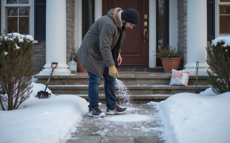 A homeowner applying ice-melt to a cleared walkway and front steps in Connecticut, daylight, no faces visible
