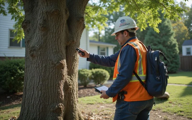 A residential yard in Connecticut with a large tree being assessed for removal, daylight, no people visible, candid real-world setting
