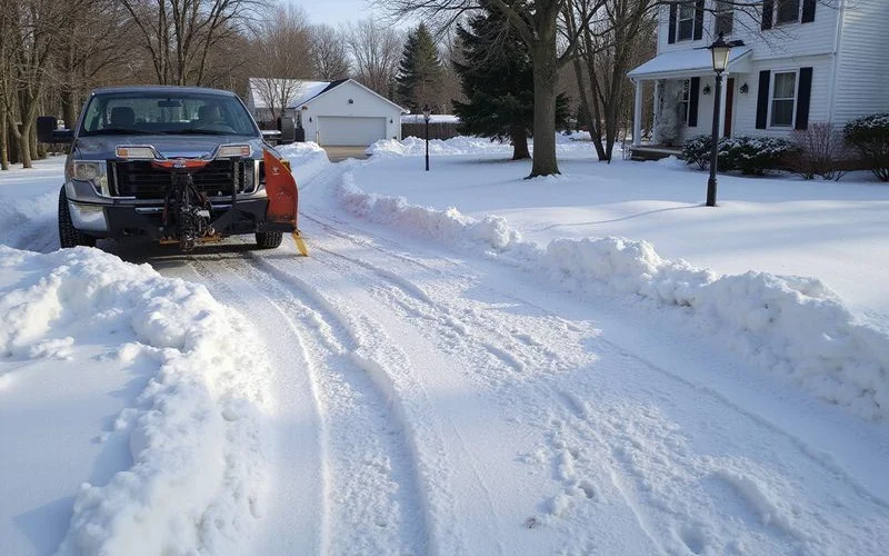 A cleared Connecticut driveway after a snowstorm with a plow visible at the edge of the frame, daylight, no people visible