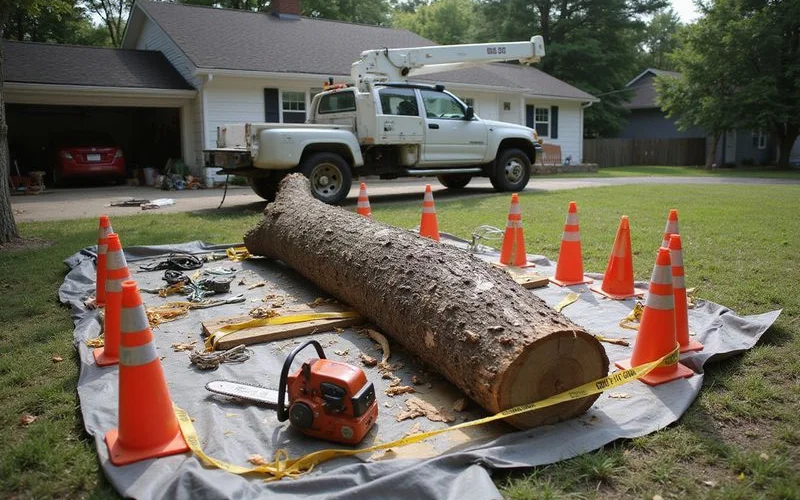 A cleared exclusion zone marked with cones around a tree work site in a Connecticut yard, daylight, no people visible
