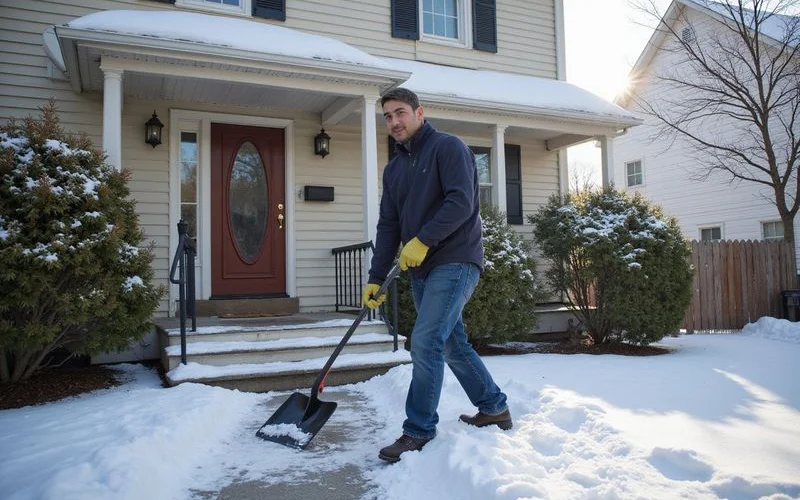 A homeowner clearing a snowy sidewalk in front of a Connecticut house shortly after a storm, daylight, no faces visible