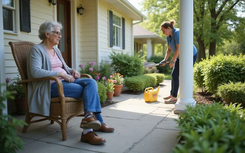 A community volunteer helping an elderly homeowner with yard cleanup in Connecticut, daylight, candid natural setting