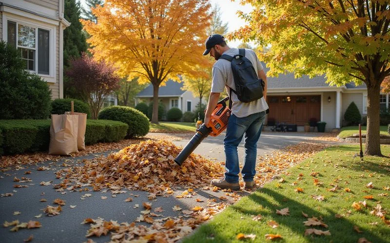 A Connecticut yard mid-way through fall cleanup with leaves partially raked and garden tools visible, daylight, no people visible