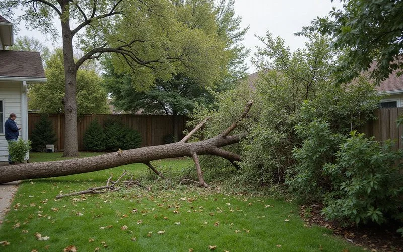 A fallen tree limb resting near a fence line in a Connecticut yard after a storm, daylight, no people visible