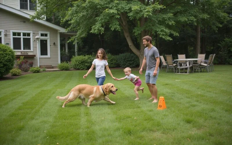 A dog and a child playing safely on a well-maintained Connecticut lawn, daylight, candid natural photo