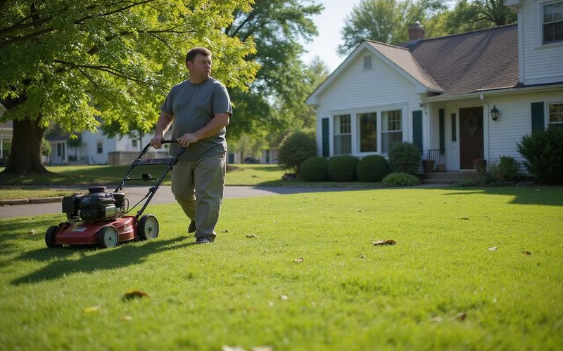 A homeowner mowing a lawn in a Connecticut yard with basic equipment, daylight, no faces visible