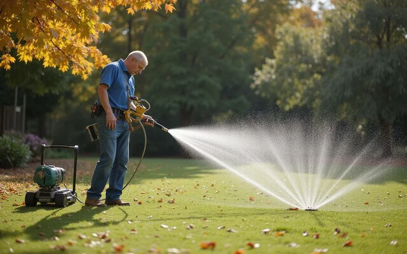 An irrigation controller and sprinkler head visible in a Connecticut lawn during the fall season, daylight, no people visible