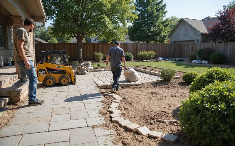 A partially completed landscape installation in a Connecticut yard showing new planting beds and a paver walkway in progress, daylight, no people visible