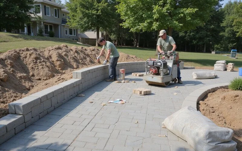A newly built retaining wall and paver patio in a Connecticut backyard under construction, daylight, no people visible