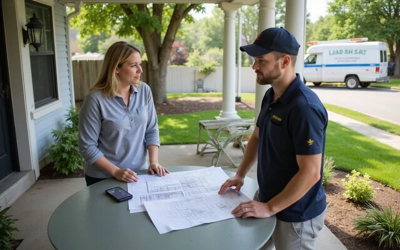 A homeowner reviewing a written landscaping quote at an outdoor table, Connecticut yard visible in the background, daylight, no faces visible