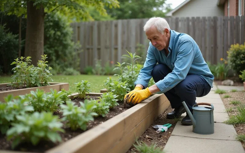 A senior gardener tending a raised garden bed in a Connecticut backyard, daylight, candid natural photo