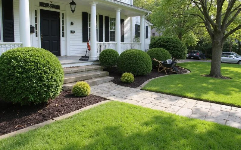 A tidy, well-maintained front yard with fresh mulch and trimmed shrubs in front of a Connecticut home, daylight, no people visible