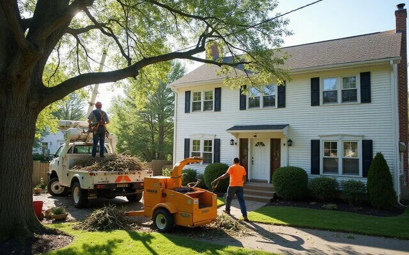 A tree service crew working carefully near a Connecticut home with protective equipment and a marked work zone, daylight, no faces visible