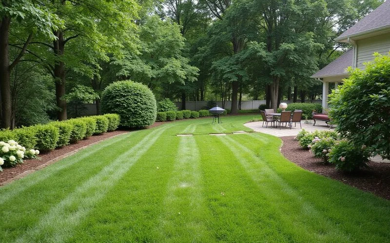 A well-maintained Connecticut front yard with mowed lawn, planting beds, and a paved walkway, bright daylight, no people visible